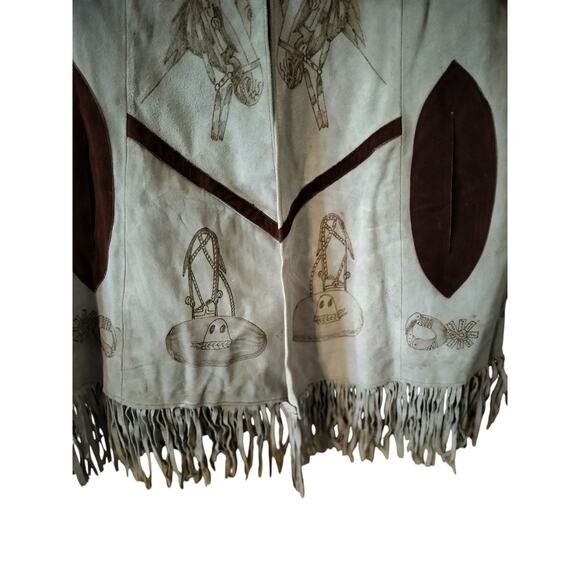 4230) Vintage Unisex Leather Western, Cowboy, Poncho Incised Horse with Fringe - Picture 2 of 8
